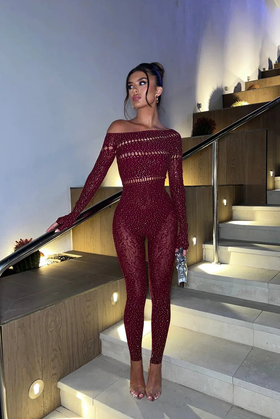 FAGADOER Spring Summer New Sexy Jumpsuits Women See Through Hollow Out Rhinestone Patchwork Rompers Female Streetwear Overalls