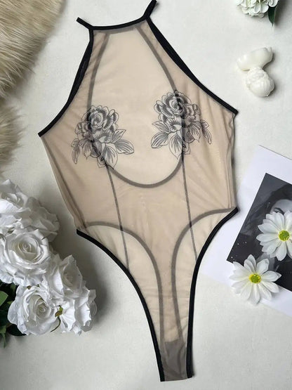 Sexy Women's Hollow Out Tight Pants Backless Bodysuits Hanging Neck Sleeveless Transparent Flower Print Bodysuits Charming UPSY