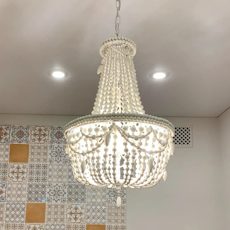 French Country white wood Bead Chandelier dining room bedroom princess Decorative chandelier 3/5 lights hanging light fixture