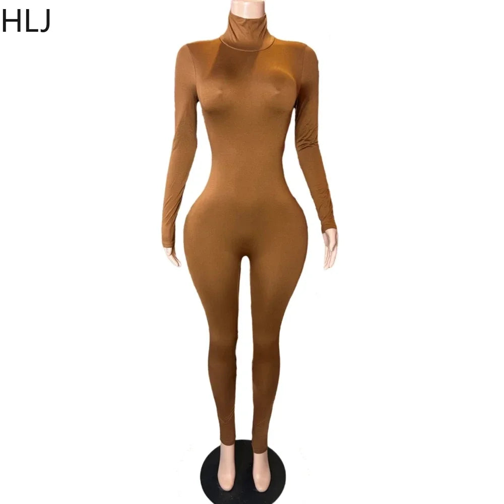 HLJ&GG Spring New Casual Solid Color Sporty One Piece Jumpsuits Women Turtleneck Long Sleeve Bodycon Playsuits Female Overalls
