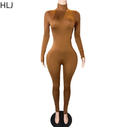 HLJ&GG Spring New Casual Solid Color Sporty One Piece Jumpsuits Women Turtleneck Long Sleeve Bodycon Playsuits Female Overalls