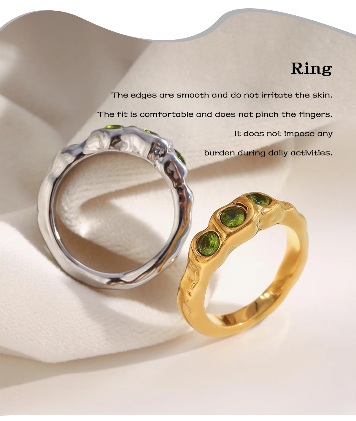 E.B.belle New Vintage Style Three Green Zircon Ring PVD Plated 316L Stainless Steel Simple Women Statement Finger Chic Jewelry