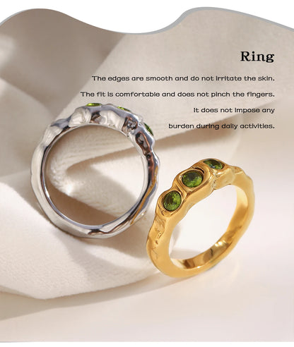 E.B.belle New Vintage Style Three Green Zircon Ring PVD Plated 316L Stainless Steel Simple Women Statement Finger Chic Jewelry