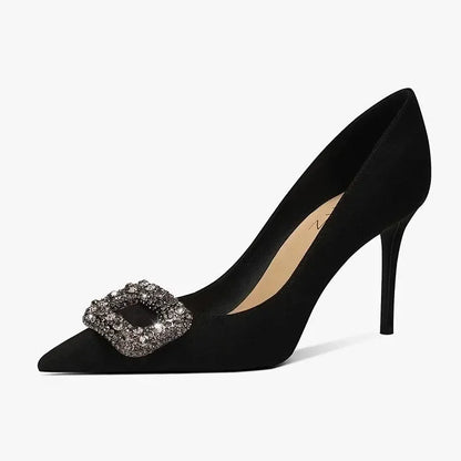 2025 Women's Summer New Luxury Crystal Square Buckle Design Sexy Pointed Stilettos Elegant Banquet Dress Party Shoes Plus Size
