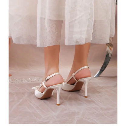 Women Pumps White Wedding Shoes Bride Luxury Satin Butterfly-knot Pointed Toe Adjustable Slingback Heels Elegant Women Heels