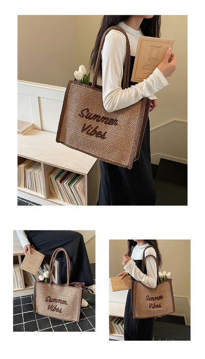 Large Capacity Women Tote Bag 2026 New Fashion Hand-made Straw Bag Female Shoulder Handbag Causal Commuter Bags for Ladies