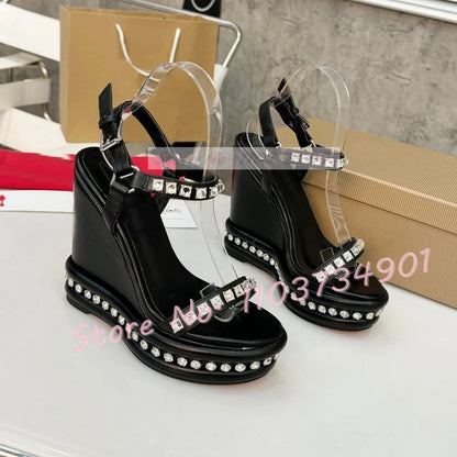 Crystal Wedges Belt Buckle Metallic Sandals Female Chic Open Toe Ankle Strap Shoes Women Luxury Party Elegant Round Toe Sandals