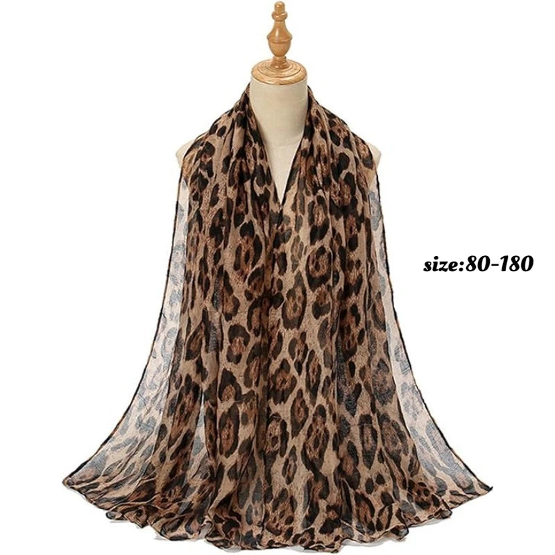 Lightweight Leopard Print Scarf for Women Fashion Head Cover Hijab Cotton Voile Scarf Shawl Wrap for Spring Fall Winter Season