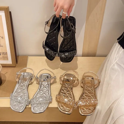 Luxury Crystal Square Toe Sandals Elegant Peep Toe Flat Slides Summer Fashionable Beach Shoes for Women
