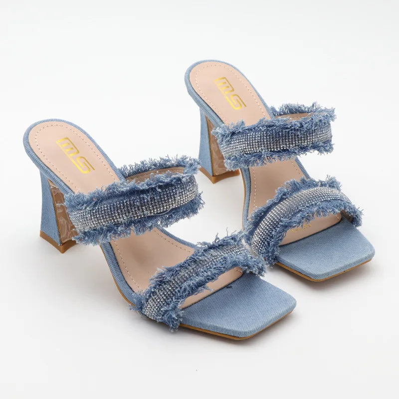 Denim women slippers 2025 new rhinestone plush stiletto heels women outdoor fashion women's slippers Luxury elegant women shoes