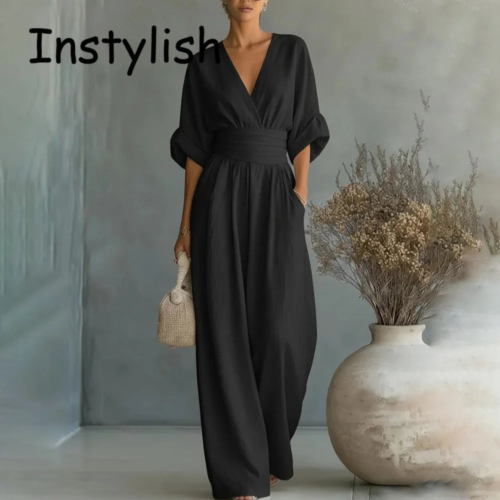 Women Elegant Linen V Neck Short Sleeve Jumpsuit Waist Cinched Wide Leg Long Pants Rompers with Pockets Casual Ladies Overalls