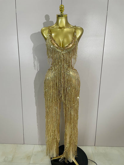 Sparkly Black Rhinestones Sequined Fringe Jumpsuit Women Sexy Nightclub Party Birthday Outfit Show Singer Stage Perform Costume