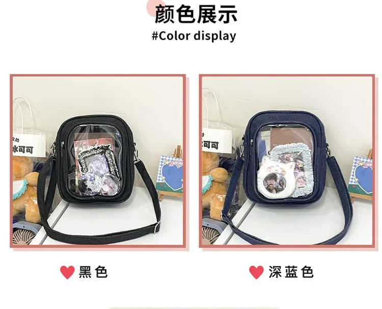 New Denim Ulzzang Ita Bags Female Transparent Badge Doll Show Crossbody Shoulder Bag Individuality Designer 2 Sides Bolso Mujer