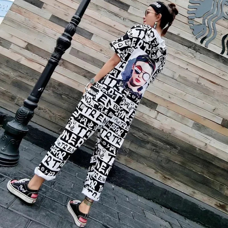 New Women Cartoon Graffiti Printing One Piece Overalls Mandarin Collar Short Sleeve Jumpsuit Hip Hop Design Rompers Baggy Pants