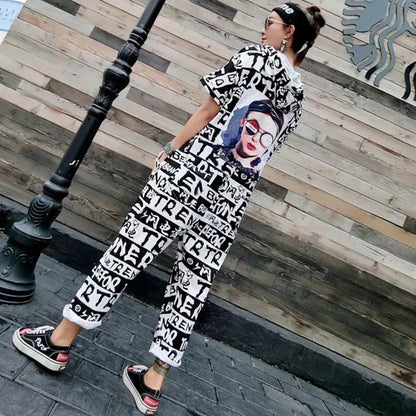 New Women Cartoon Graffiti Printing One Piece Overalls Mandarin Collar Short Sleeve Jumpsuit Hip Hop Design Rompers Baggy Pants