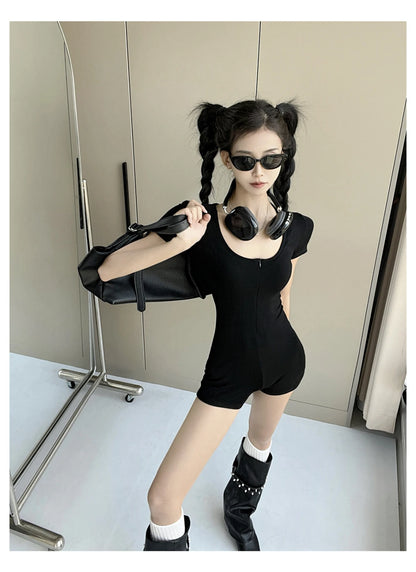 Womens Playsuits Yoga Low Neck Slim Fit Short Sleeve Jumpsuits Stretch One Piece Romper Sexy Fitness Female Sportwears Zipper