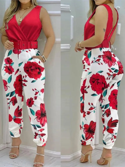 Summer Women Jumpsuits Elegant Office Lady Sexy V-neck Sleeveless Print Jumpsuits New Fashion With Belt Vest Playsuit Streetwear
