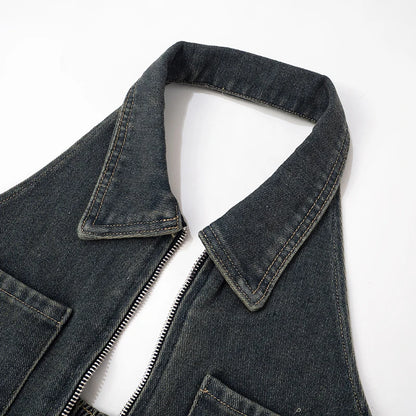 Sexy Blue Lapel Deep V Zipper Jumpsuit For Women Sleeveless Backless High Waist Hemmed Shorts Leisure Party Club Denim Jumpsuit