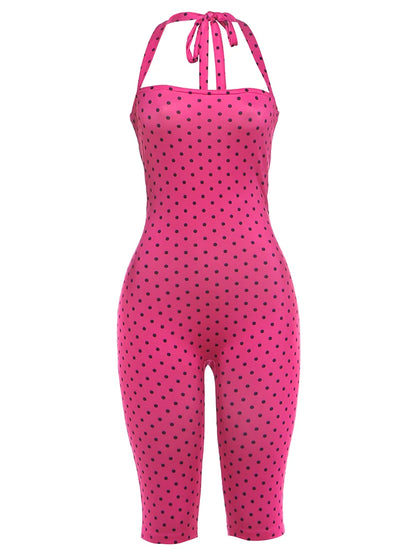 Weird Puss Sexy Backless Rompers Woman Polka Dot Print Bandage Halter Sleeveless Skinny Peach Hip High Street Fashion Playsuits