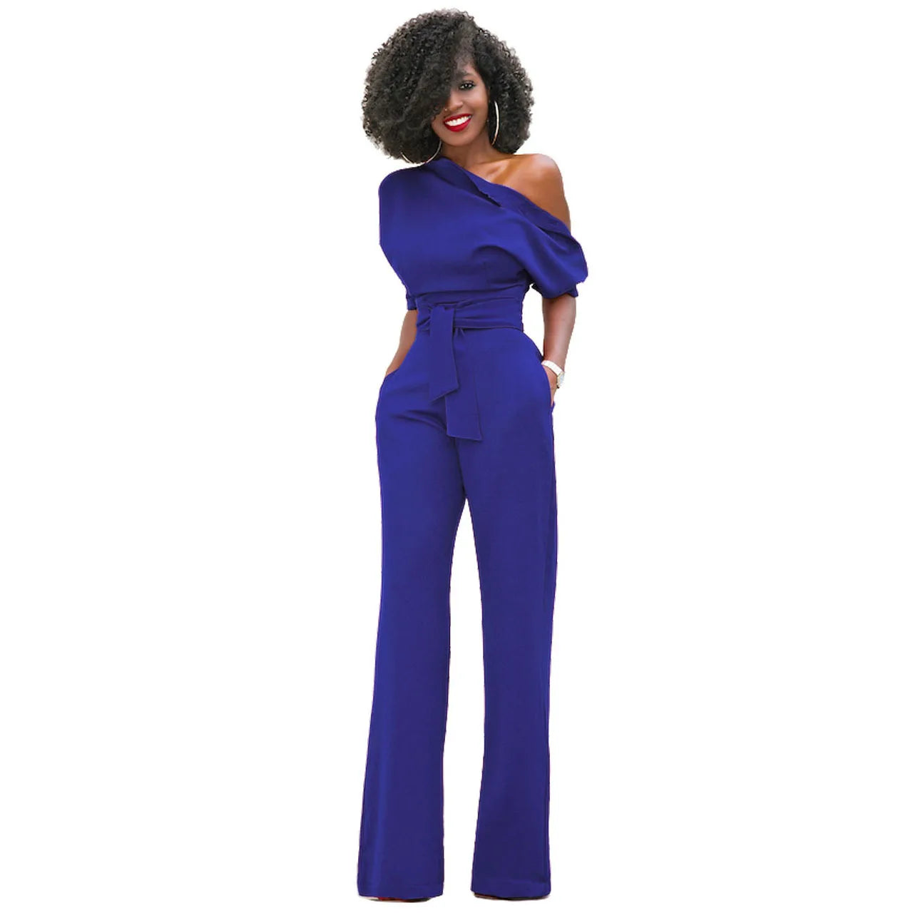 2024 Summer New Fashion Women's Jumpsuit Solid Color Slanted Shoulder Elegant Temperament Sleeveless Long Wide Leg Jumpsuit