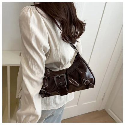Fashion Pleated Lock Design Women's PU Shoulder Bags Simple Solid Color Ladies Underarm Bag Portable Cool Girls Phone Handbag