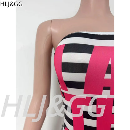 HLJ&GG Trend Sexy Stripes Letter Print Bodycon Mini Tube Dresses Women Off Shoulder Backless Slim Vestidos Fashion Streetwear