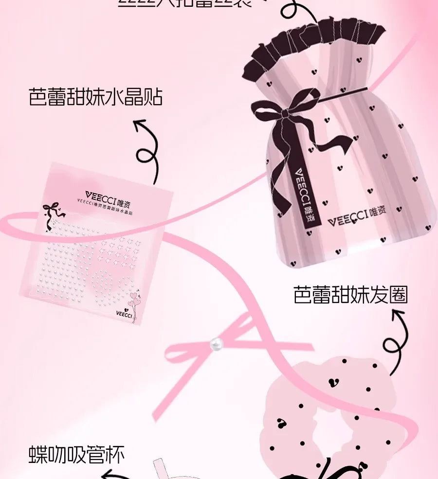 VEECCI Sweet Spicy Girl Ribbon Series Gift Box Makeup Kit Lipstick Eyeshadow Concealer Hair Rope Set Pink Delicate Cute Makeup
