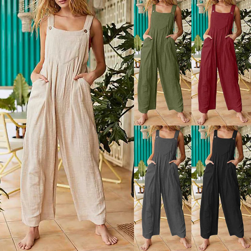 Women Summer Boho Jumpsuit Overalls Solid Ethnic Style Square Neck Sleeveless Casual Jumpsuit Pockets Loose Pants Jumpsuits 2024
