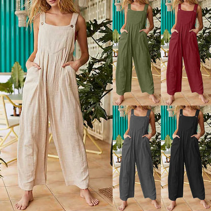 Women Summer Boho Jumpsuit Overalls Solid Ethnic Style Square Neck Sleeveless Casual Jumpsuit Pockets Loose Pants Jumpsuits 2024