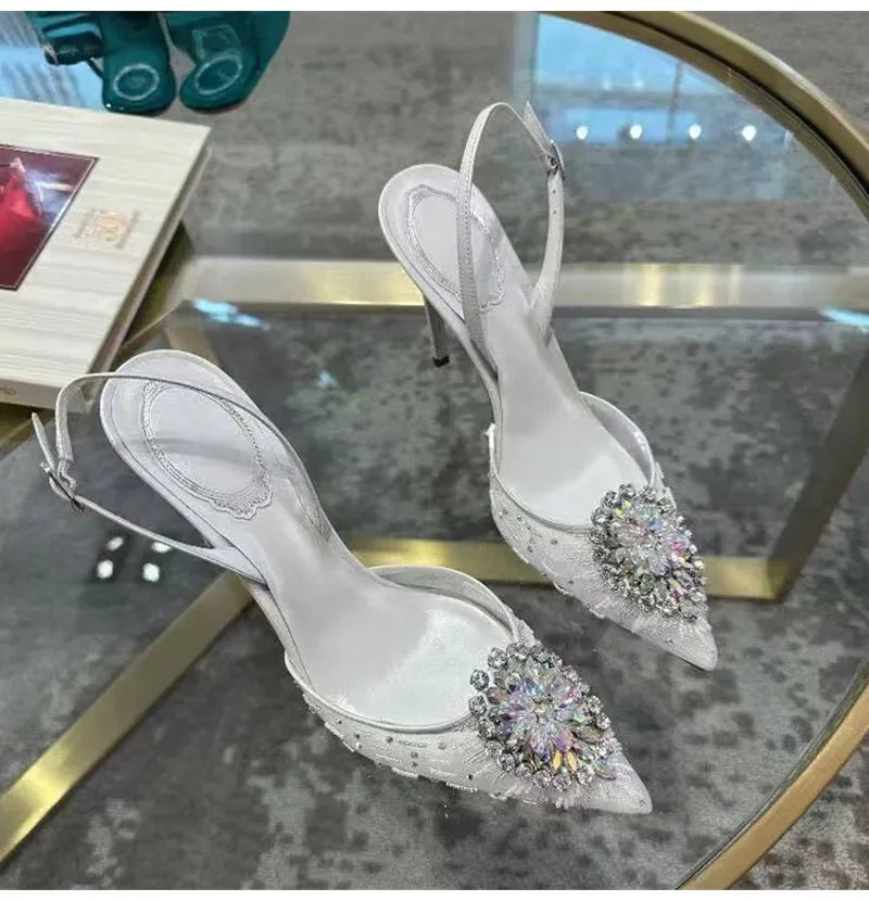 Luxury Diamond Pearls Lace Mesh Women Pumps Elegant Pointed toe Thin High heels Fashion Summer Slingbacks Wedding Party Shoes