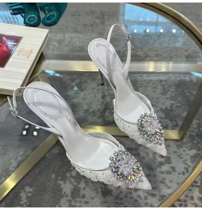 Luxury Diamond Pearls Lace Mesh Women Pumps Elegant Pointed toe Thin High heels Fashion Summer Slingbacks Wedding Party Shoes