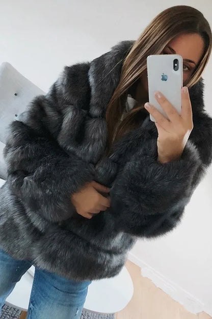 Fashion Winter Women Imitation Fox Fur Jacket Hooded Loose Long Sleeves Female Eco Fur Coat Patchwork Plush Thick Lady Fur Coat