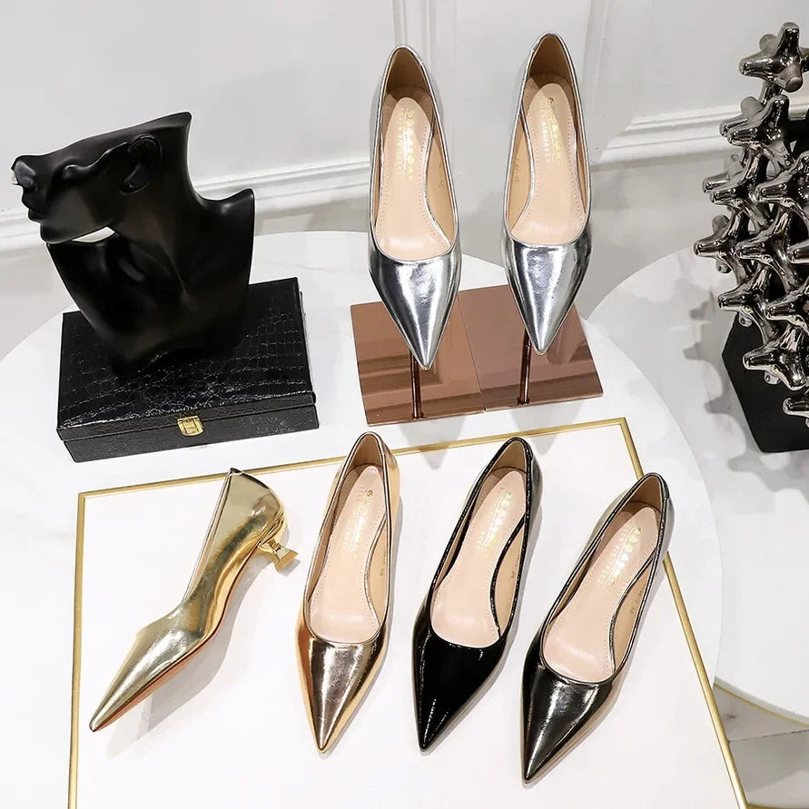 Women Comfortable 3.5cm High Heels Shallow Pointed Toe Work Pumps Lady Glossy Leather Low Heels 2024 Luxury Brand Designer Shoes