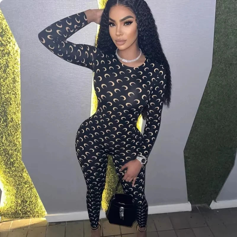 Retro Jumpsuit Women Sexy Slim Fit Moon Print Long Sleeve Tight Leggings Round Neck Versatile Casual Wear Autumn Fashion