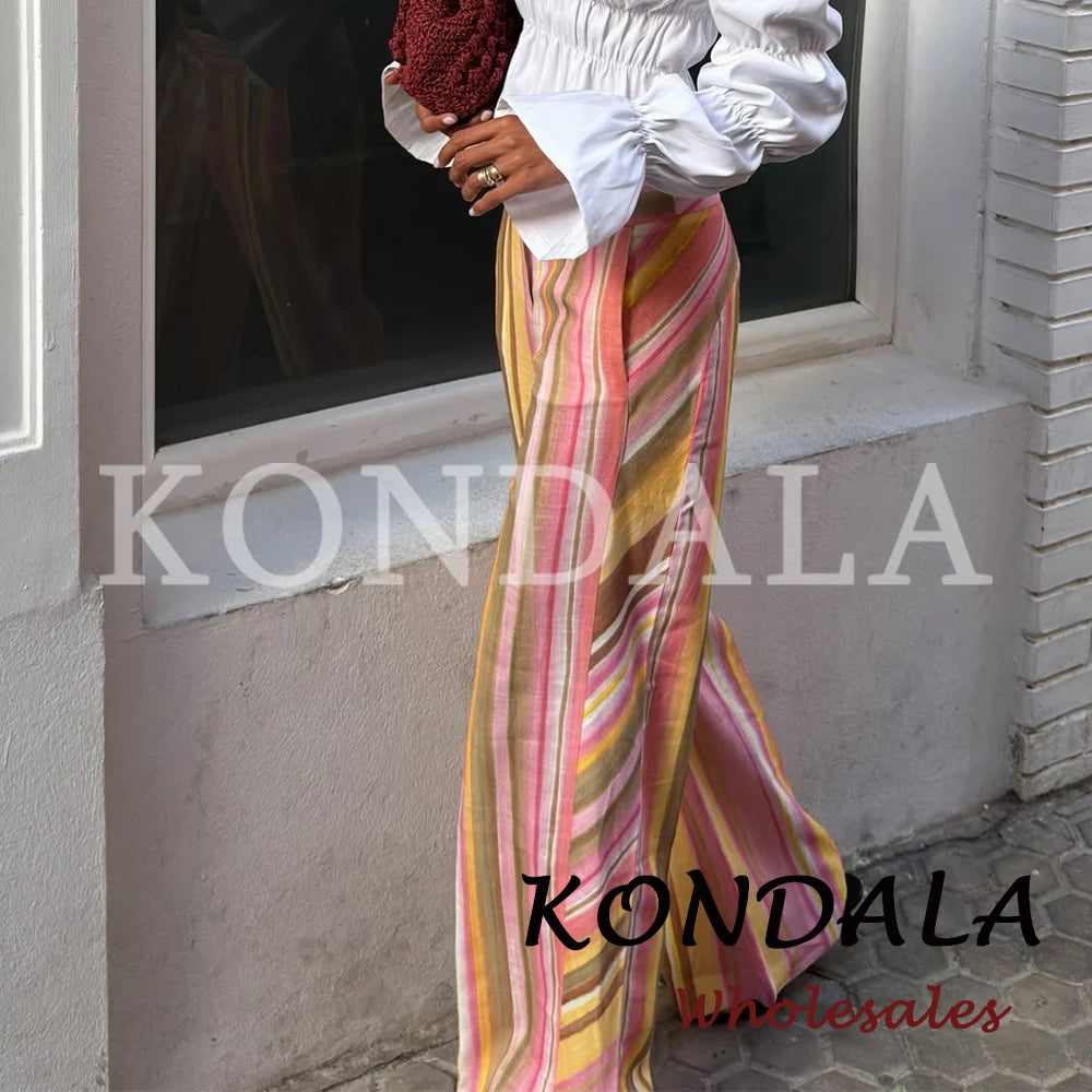 KONDALA Chic Striped Y2K Fashion 2026 Summer Long Pants Zipper Wide Leg Pockets Trousers Straight Female Casual Elegant Pants
