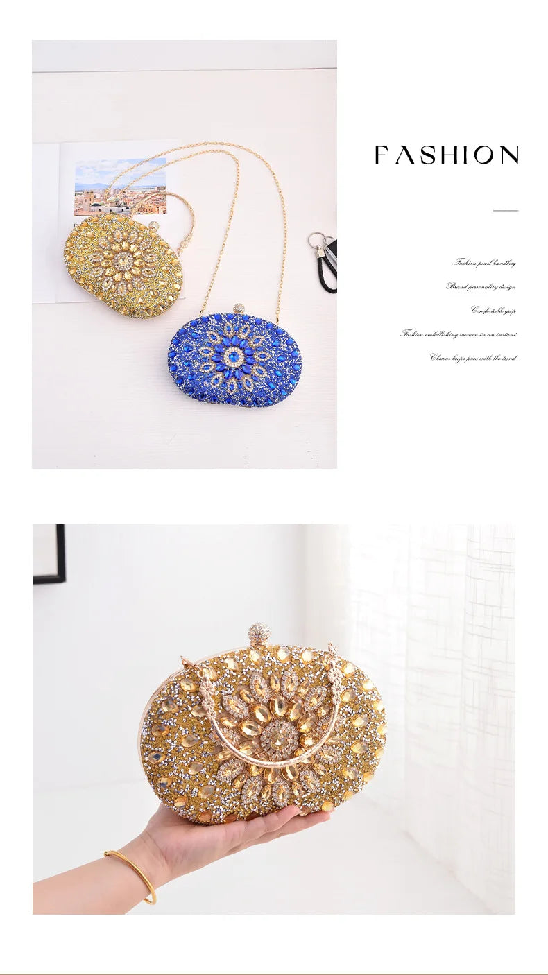 Gold Round Bag Luxury Brand Rhinestone Clutch Bags for Women 2024 Crystals Party Purses Diamond Designer Crossbody Handbags