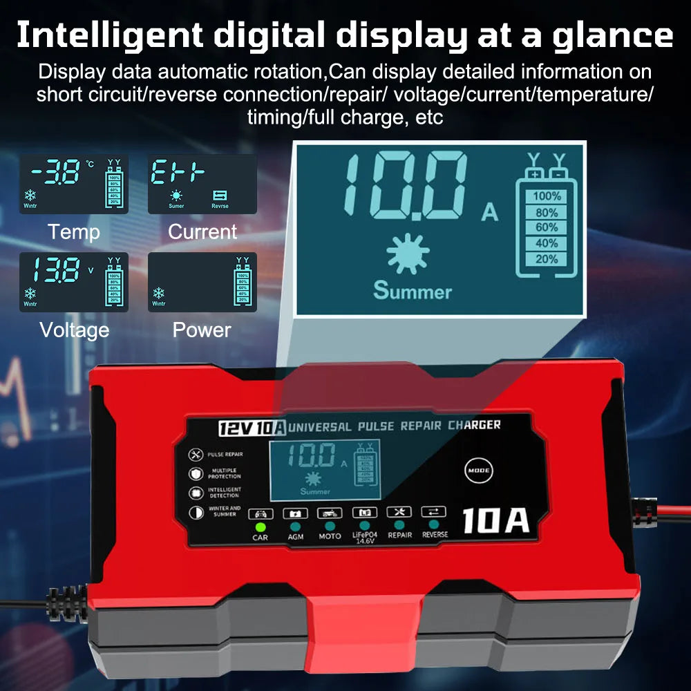 Car Battery Charger Intelligent Smart Battery Charging Universal 12V 10A/6A Fast Power Charging Pulse Repair Tools For SUV Motorcycle Truck RV