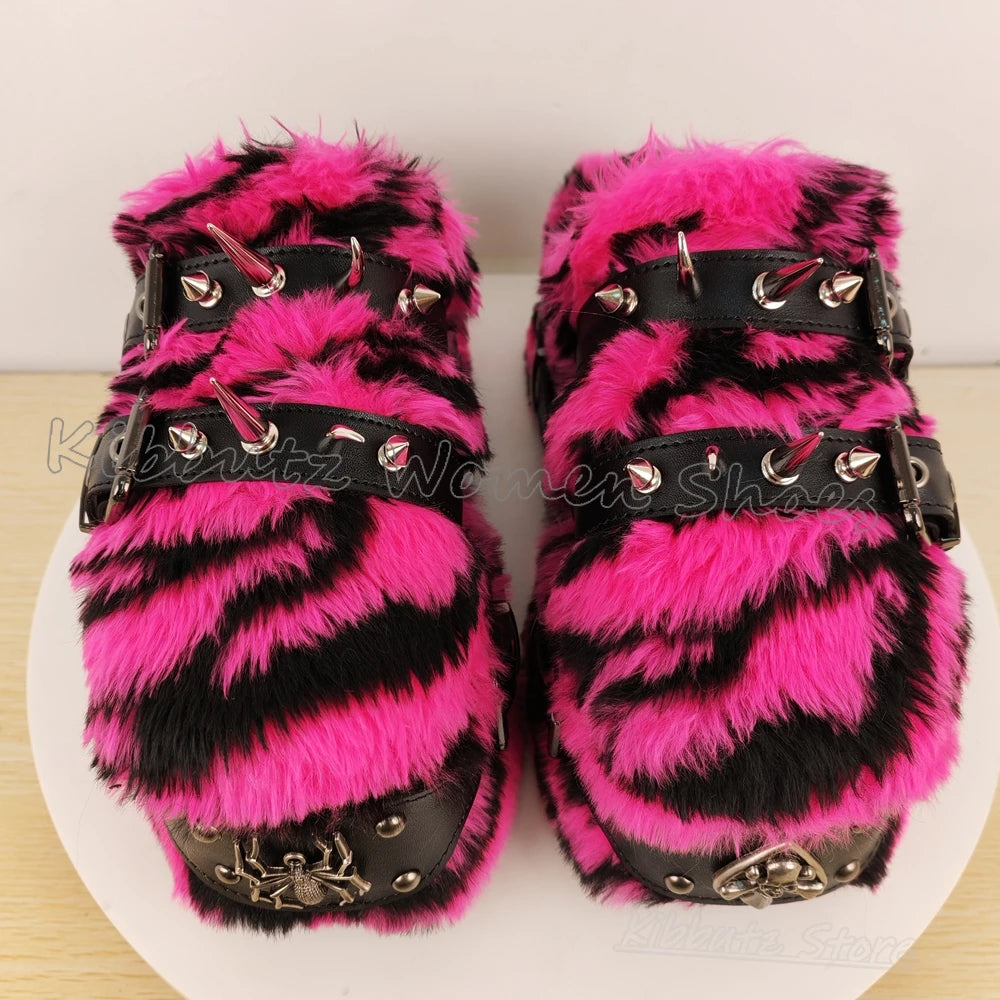 Furry Sandals Platform Rock Novelty Round Toe Thick Bottom Spicy Girl Shoes Punk Rivets Slipper Fashion Luxury Elegant Concise