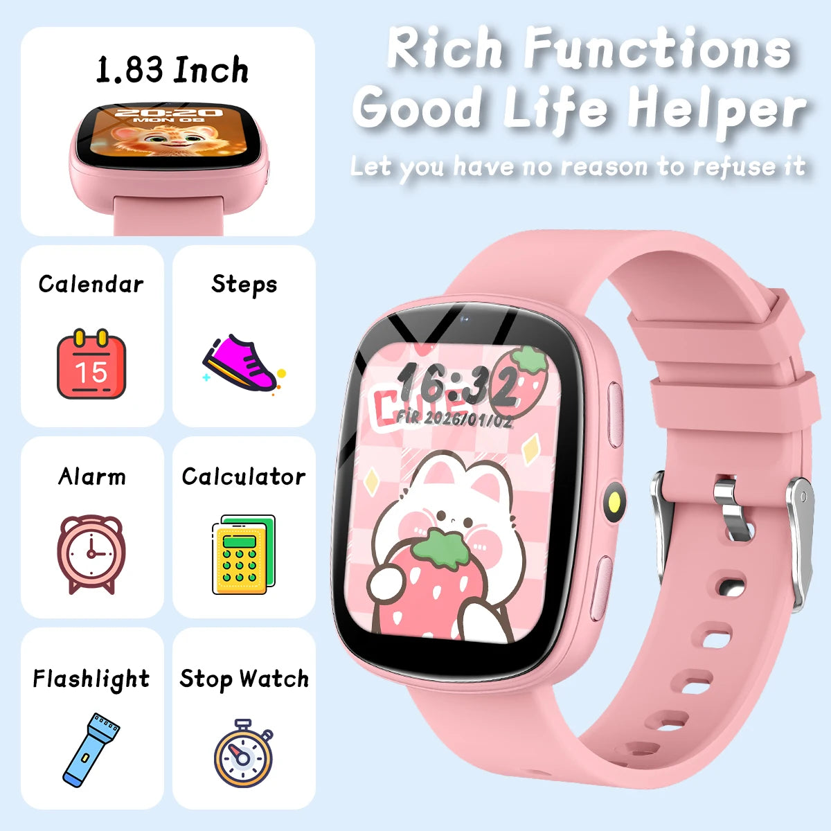 NEW Smart Watch for Children Touch Screen Camera Control 260mAh Long Battery Flashlight 22 Games Learn Partners Boys Girls Gifts