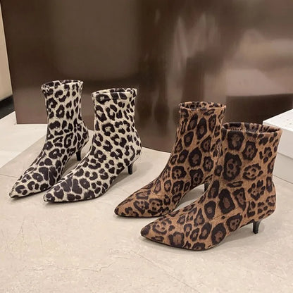 Brand Design Leopard Elastic Boots Women 2025 Winter Sexy Pointed Toe High Heel Party Boots Womens Dress Pumps Fashion Booties