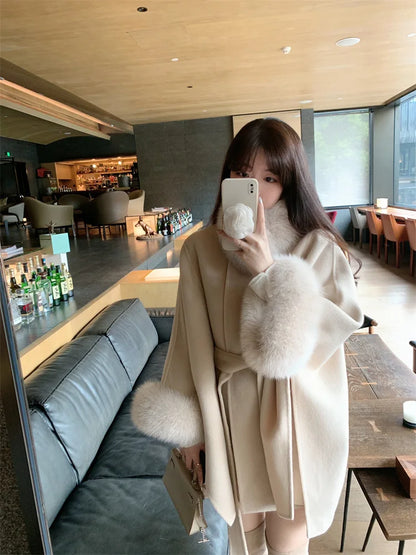 Real Fox Fur Overcoat Bat Sleeves Collar Woolen Coat Luxury Cashmere Poncho Blend Women Autumn Winter New Long Ribbon Cloak