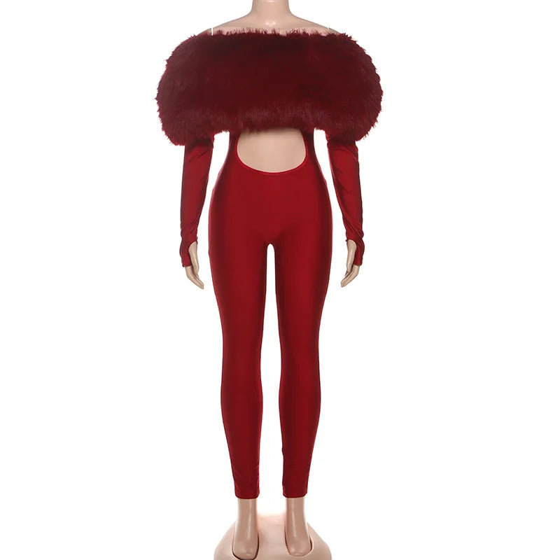 Luxury Faux Fur Patchwork Shiny Jumpsuits Women Fashion Sexy Hollow Out Furry Off Shoulder Long Sleeve Backless Party Overalls