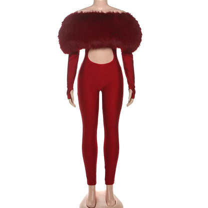 Luxury Faux Fur Patchwork Shiny Jumpsuits Women Fashion Sexy Hollow Out Furry Off Shoulder Long Sleeve Backless Party Overalls