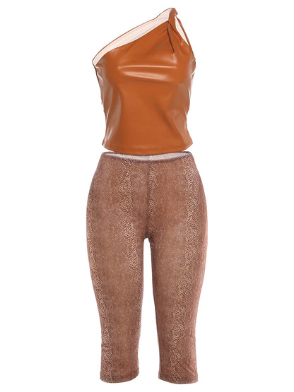 Sisterlinda Summer Hipster 2-Piece Set Women Slanted Shoulder Pu Tank Top+Calf Shorts Matching Stretch Skinny Clubwear Outfits