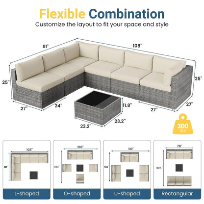 7 Pieces Wicker Outdoor Patio Furniture Set | Patio Sectional Sofa with Coffee Table, All-Weather Outdoor Sectional, Custom