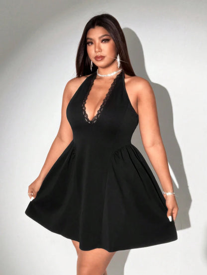 Plus Size Spring/Summer New Arrival Dress V-neck Sensual Lace-trimmed Sleeveless Puff-skirt Evening Gown Solid Colour