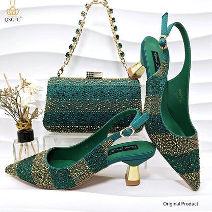 QSGFC Ladies High Quality Women's Pumps Black Gold Shoes and Bag Set DURABLE OUTSOLE Italian Fashion Design For Nigeria Wedding