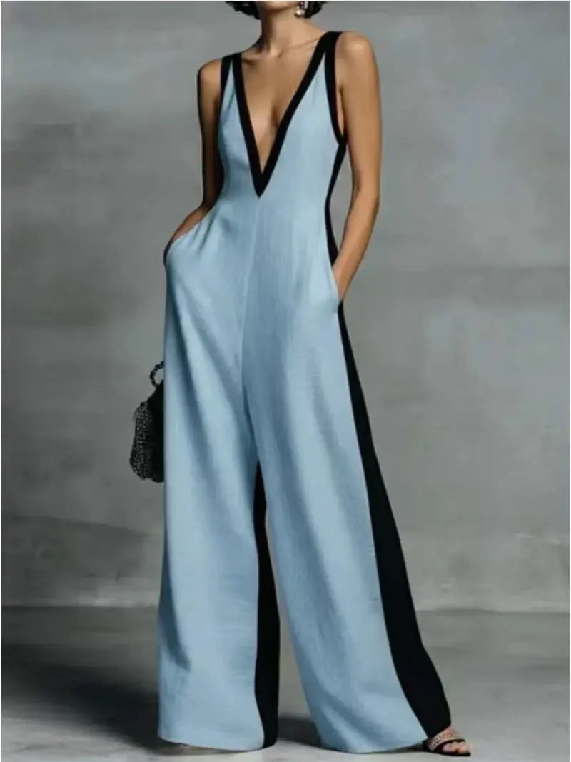 Women's Color Block V Neck Jumpsuit, Sleeveless Wide Leg Romper With Pockets for Party Work Date