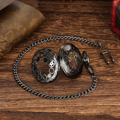 Manual Men's Mechanical Pocket Watch Hollow Design Roman Numerals Vintage Metal Pocket Watch Clock Chain Pendant Blue