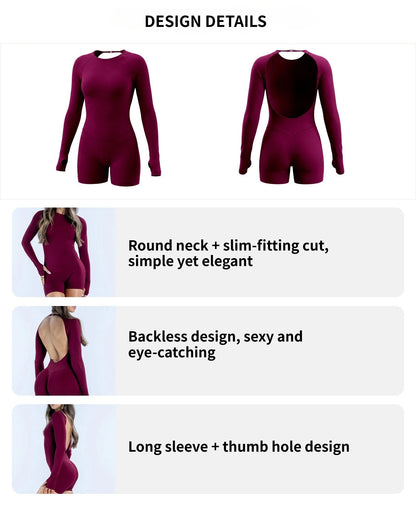 Denyf New-Women Activewear Bodysuit One Piece Backless Long Sleeve Short Leggings Seamless High Stretch for Yoga Run Gym Fitness